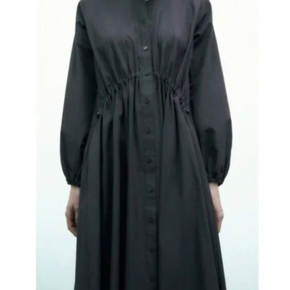 Zara Long Button Down Cinch Front Gray Cotton Dress - Picture 3 of 9